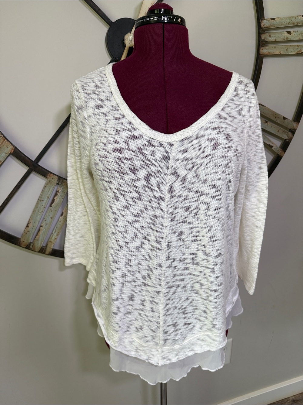 New Direction Lightweight White Sheer Knit Women's Top with Chiffon Hem